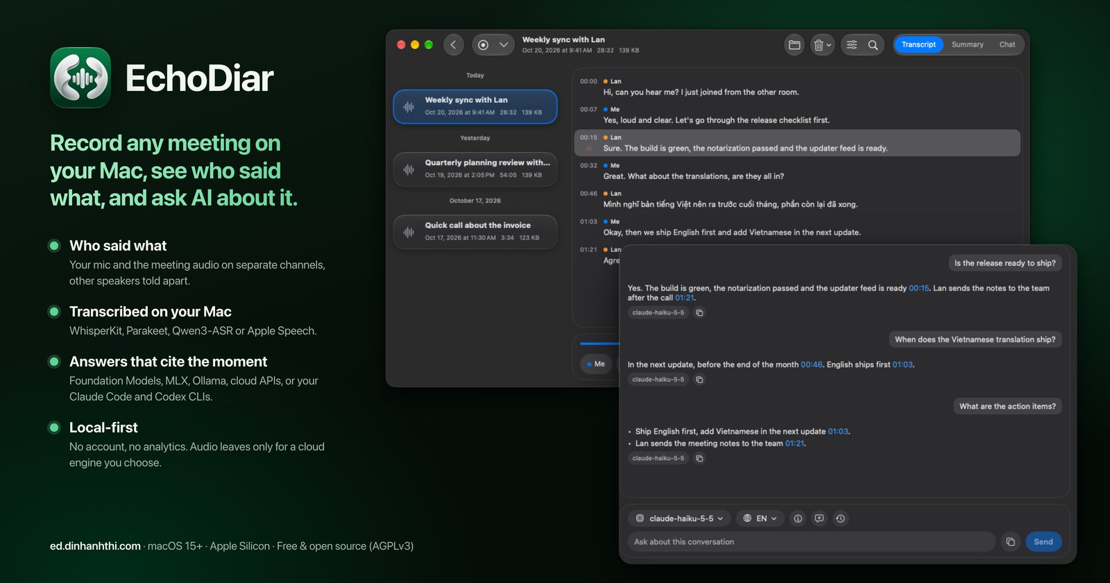 EchoDiar transcript window with speakers and a cited AI answer